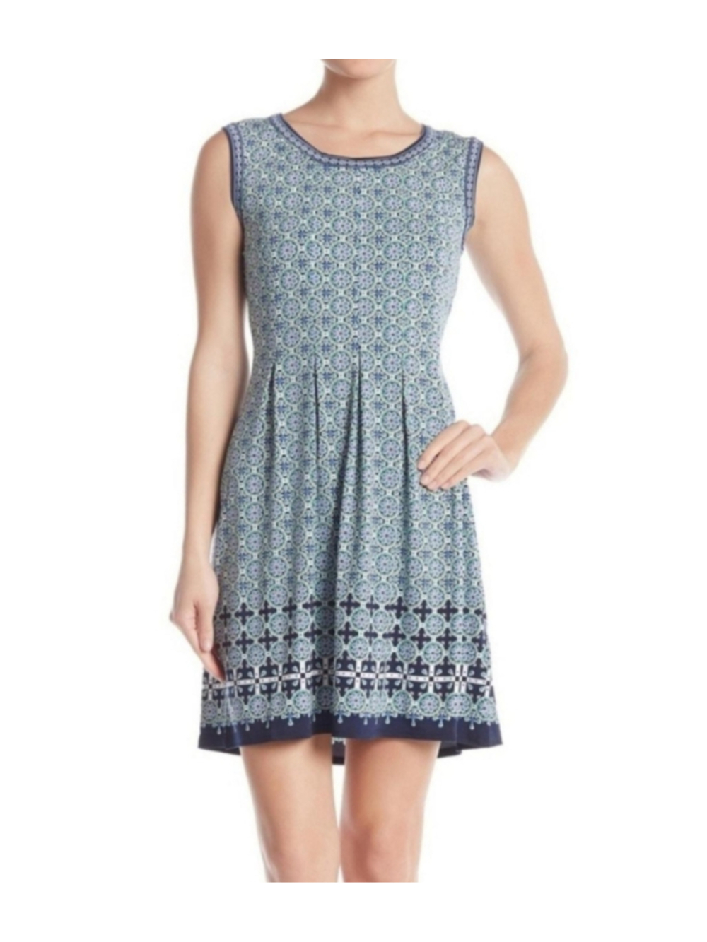 Max Studio Fit Flare Pintucked Waist Printed Dress Navy/Yellow M/L